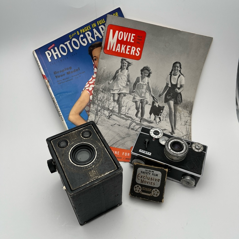 Vintage 35 Brownie, Argus C3 50mm camera, Charlie Chaplain film & 2 vintage Mags